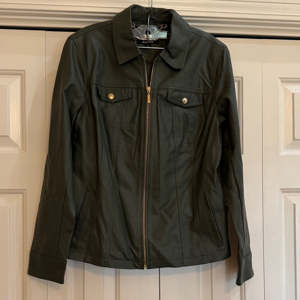 Dennis Basso Dark Green Faux Leather Jacket. Beautifully Tailored! Size S